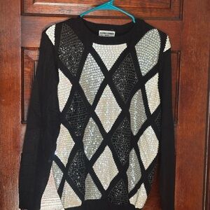 Alfred Dunner Black and White Diamond Sequin Sweater